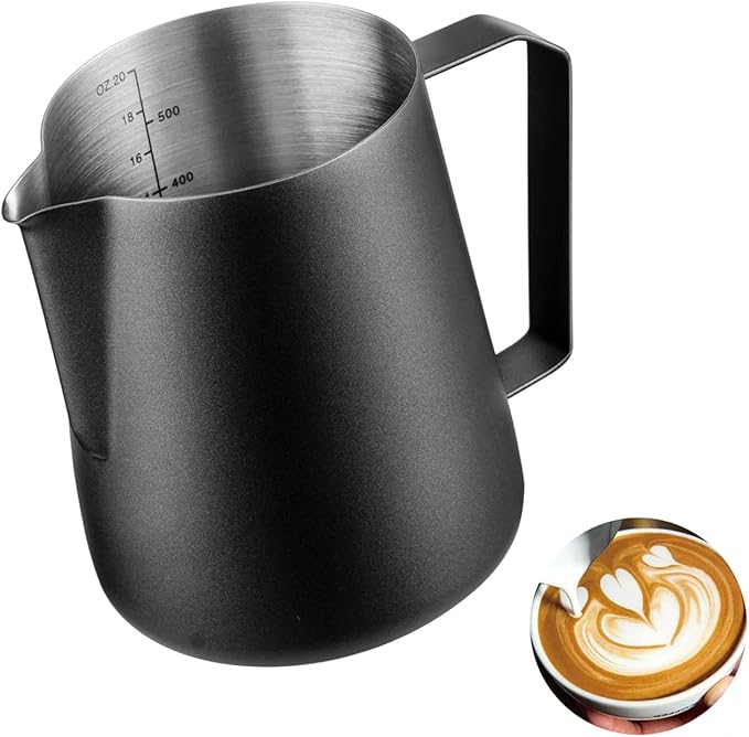 Milk Frothing Pitcher 20oz, Stainless Steel Milk Steaming Pitcher 600ml, Milk Frother Cup with Measurement Marks, Black