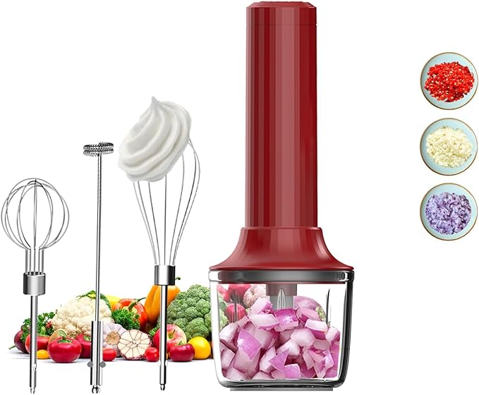 4-in-1 Electric Hand Mixer, Electric Whisk, Mini Onion Chopper 10Oz, Small Cordless Hand Blender, Milk Frother Wand for Coffee, Matcha, 4 Speed Rechargeable Food Processor for Baby Food Maker