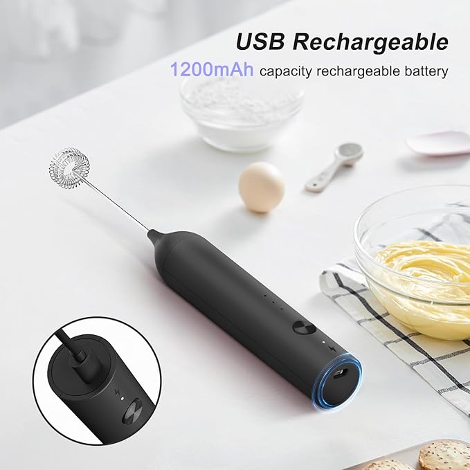Powerful Electric Milk Frother with Wand and Egg Whisk Attachments, 3 Speed Adjustable Rechargeable Foam Maker Mixer, Milk Frother Handled for Coffee, Protein Powder (Black without Stand)