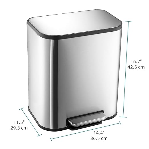 5.3 gal Kitchen Trash Can, 20 L Stainless Steel Garbage Can with Soft-Close Lid, Rectangular Waste Bin with Inner Bucket for Home Office Living Room