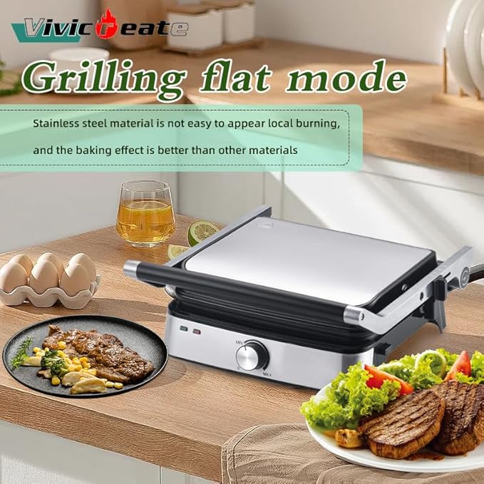Vivicreate 5-in-1 Contact Grill Stainless Steel Panini Press Nonstick Electric Grill Adjustable Temperature Removable Plates Portable for Sandwiches Steak Chicken Breakfast eléctrica prensa de panini