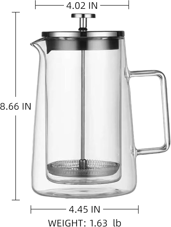 French Press Coffee Maker 34Oz (1 Liter), DoubleWall Insulated Borosilicate Glass, Heat-Resistant Design, Stainless Steel Filter for Coffee, Tea & Cold Brew