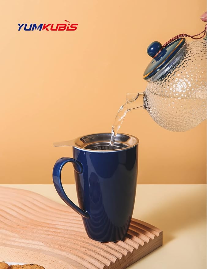 Tea Cup with Infuser and Lid, 17 oz Large Tea Infuser Mug with 2 Lids, Ceramic Teacups for Women, Men, Kids, Loose Leaf, Gifts