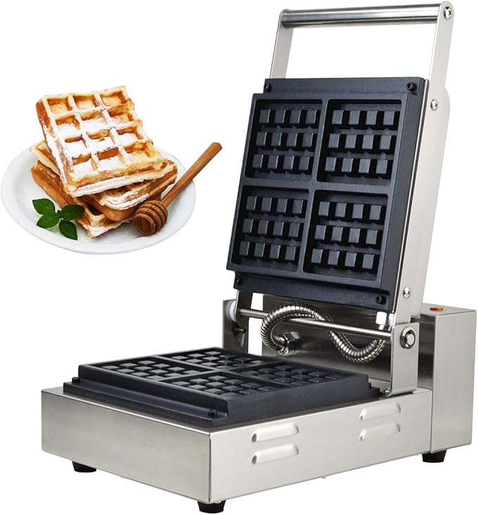 Waffle Maker Machine Rectangle Commercial New Electric Nonstick Deep Waffle 4 Pcs Iron with Temperature and Time Control and Stainless Steel 110V for Home Kitchen Parties Use