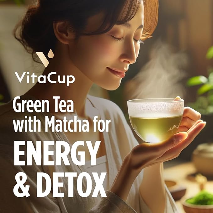 VitaCup Green Tea Instant Packets, Enhance Energy & Detox with Matcha, Moringa, B Vitamins, D3, Fiber, Keto, Paleo, Vegan in Tea Powder Single Serving Sticks, 24 Ct