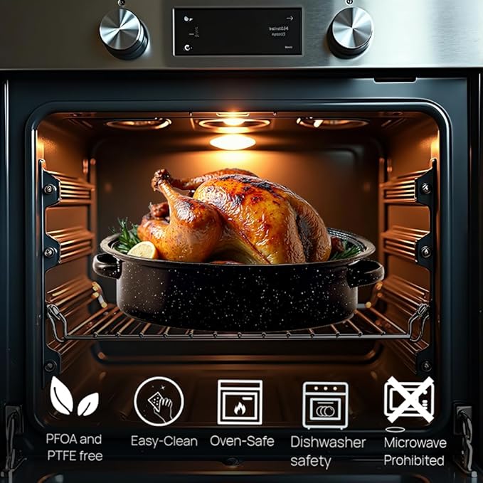19” Turkey Roasting Pan Enamel Oval Granite Large Roaster Pan with lid with 17in Inner Diameter Large Capacity Suitable for Thanksgiving Day Enamel Cook Ware Dishwasher Compatibility Oven