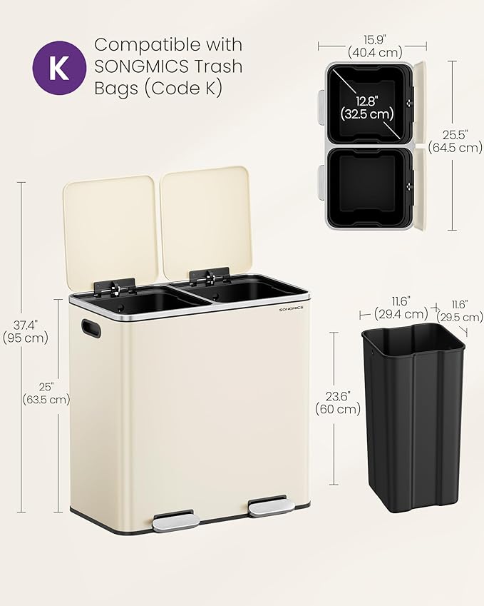 SONGMICS Trash Can, 2 x 10.6 Gallon (2 x 40 L) Garbage Can for Kitchen, with 15 Trash Bags, 2 Compartments, Plastic Inner Buckets and Hinged Lids, Airtight, Almond Color ULTB730A01V1