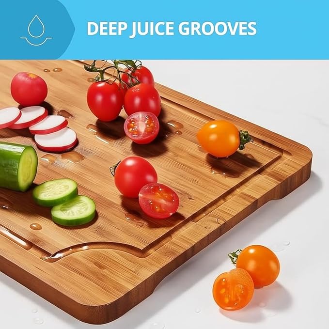 Crack Resistant Cutting Boards for Kitchen Serving & Meal Prep - Bamboo Wood Board Set with Deep Juice Grooves & Side Handles - Charcuterie & Chopping Butcher Block for Meat (3 Pcs)
