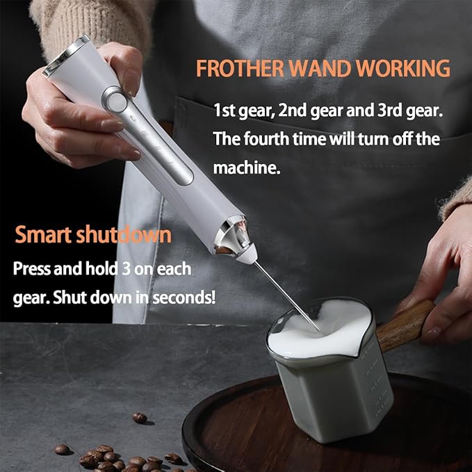 Rechargeable Milk Frother Handheld For Coffee,3 Speeds Frother Wand With Stand, Batidora De Mano Electrica,Coffee Frother With 2 Heads,Drink Mixer Electric Handheld,Kitchen Essentials (White 1)
