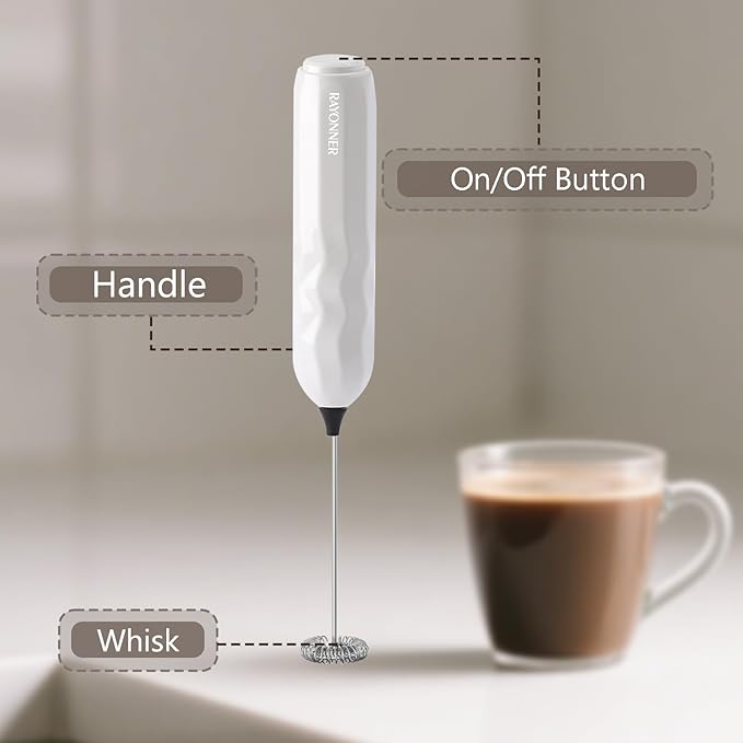 RAYONNER Milk Frother Handheld Fast Powerful Drink Mixer with Stainless Steel Whisk for Coffee, Battery Operated (White)