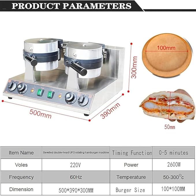 Non-Stick Commercial Hamburger Press - Electric Panini Maker with Adjustable Temperature 50-300℃ - Ideal for Waffles, Ice Cream Sandwiches & Grilled Burgers