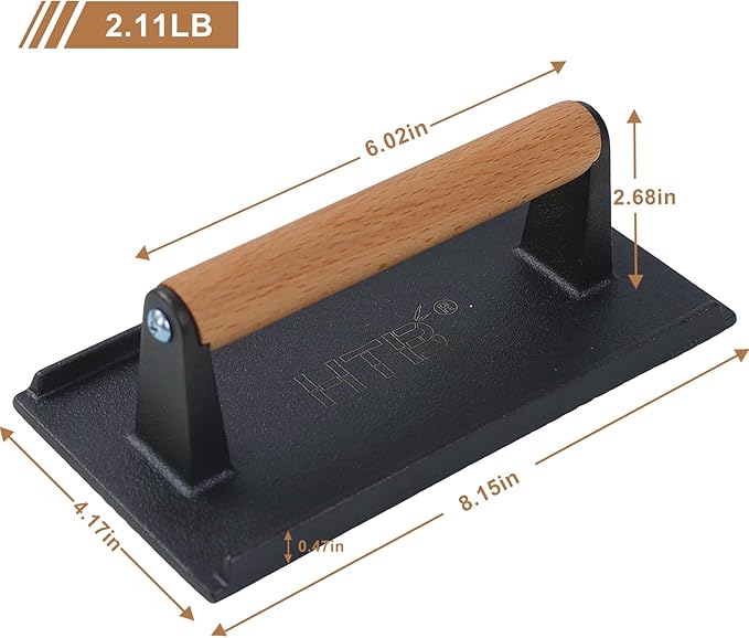 HTB Heavy-Duty Cast Iron Barbecue Press, Wood Handle Meat Steak Smash for Juicy Crispy Burgers on BBQ, Griddle, Camping Rectangle (Checked Pattern 088S)