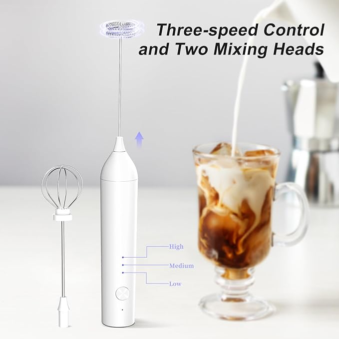Powerful Electric Milk Frother with Wand and Egg Whisk Attachments, 3 Speed Adjustable Rechargeable Foam Maker Mixer, Milk Frother Handled for Coffee, Protein Powder (White without Stand)
