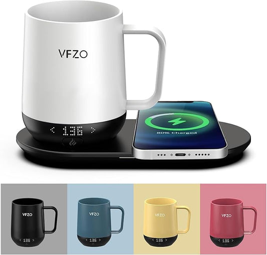 Temperature Control Smart Mug, Self Heating Coffee Mug LED Display, 180 Min Battery Life - Hot up to 149℉ Fast Wireless Charger Base Improved Design coffee serving sets mug(12oz, Ivory)