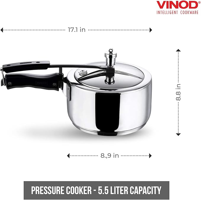 Vinod Pressure Cooker Stainless Steel – Inner Lid - 5.5 Liter – Sandwich Bottom – Indian Pressure Cooker – Induction Friendly Cooker – Best Used For Indian Cooking, Soups, and Rice Recipes, Quinoa