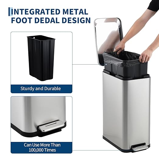 Garvee 13 gal Kitchen Trash Can, Stainless Steel Step Garbage Bin with Soft-Close Lid & Removable Bucket, Fingerprint Proof, Slim for Narrow Spaces, Bathroom or Office