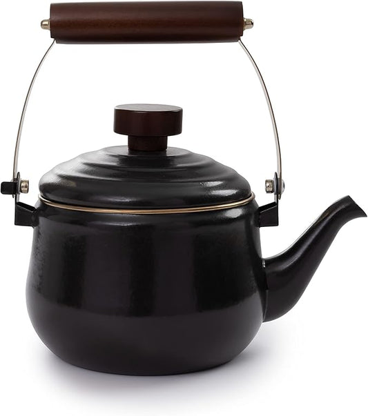 Barebones Enamel Teapot - Vintage Inspired Design - Baked Stainless Steel Rim - FSC Certified Natural Walnut Tea Kettle - 1.5 Liters, 6 Cups (Charcoal)