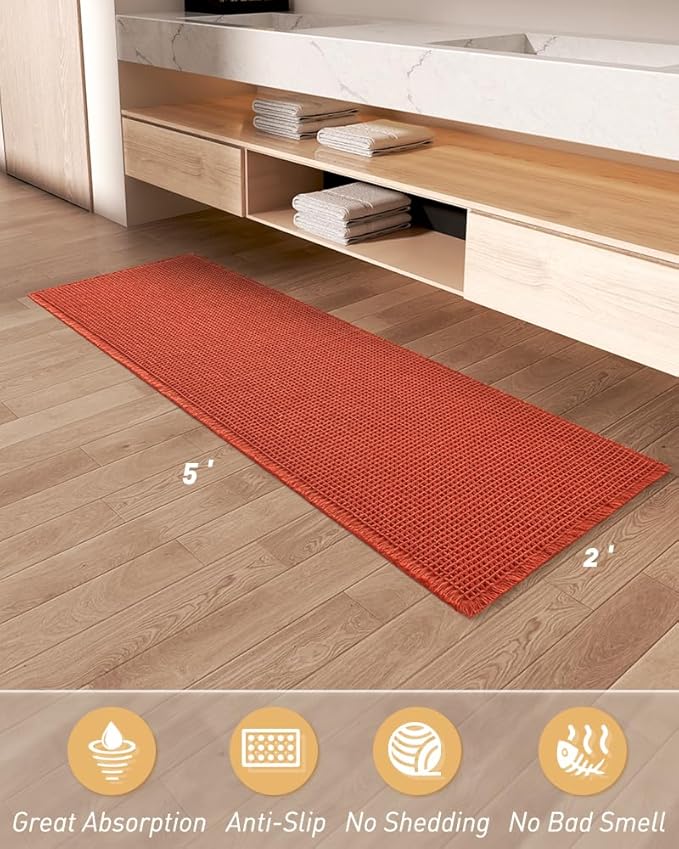 AMOAMI Upgraded Waffle Runner Rug Super Absorbent Non Slip Bath Mats for Bathroom Machine Washable Bathroom Runner Rug with Tassels, Ideal for Hallway Bedroom Laundry Room, 2' x 5', Orange