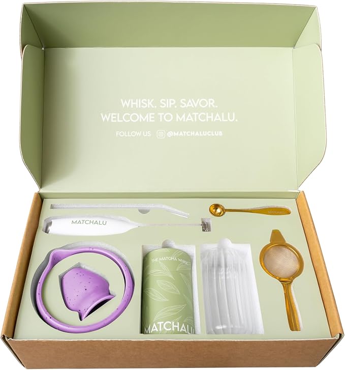 Matcha Whisk Set With Ceramic Matcha Bowl, Bamboo Whisk & Holder, Stainless Steel Spoon & Sifter, Glass Cup & Straw, Electric Frother, Storage Bag - Gift for Matcha Lovers (Premium 9-Piece Set Purple)
