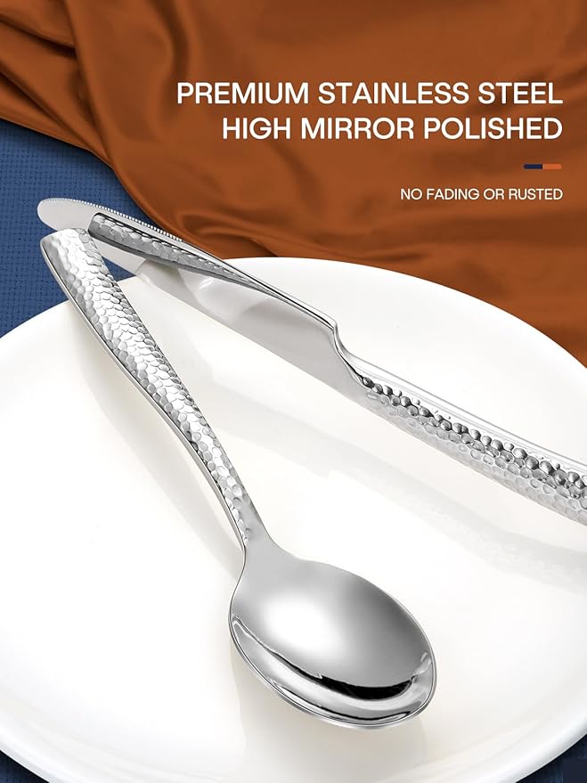 Stapava 40 Pcs Hammered Silverware Set for 8, Mirror Stainless Steel Flatware Cutlery Set, Include Knifes Forks and Spoons Silverware Set, Dishwasher Safe Utensils Set for Home Hotel
