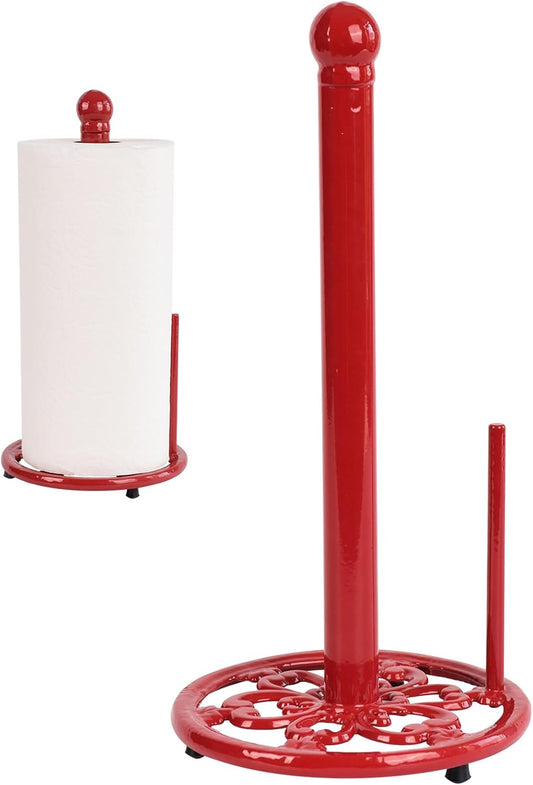 Vintage Red Cast Iron Paper Towel Holder - Weighted Base, One-Handed Tear for Kitchen Countertops