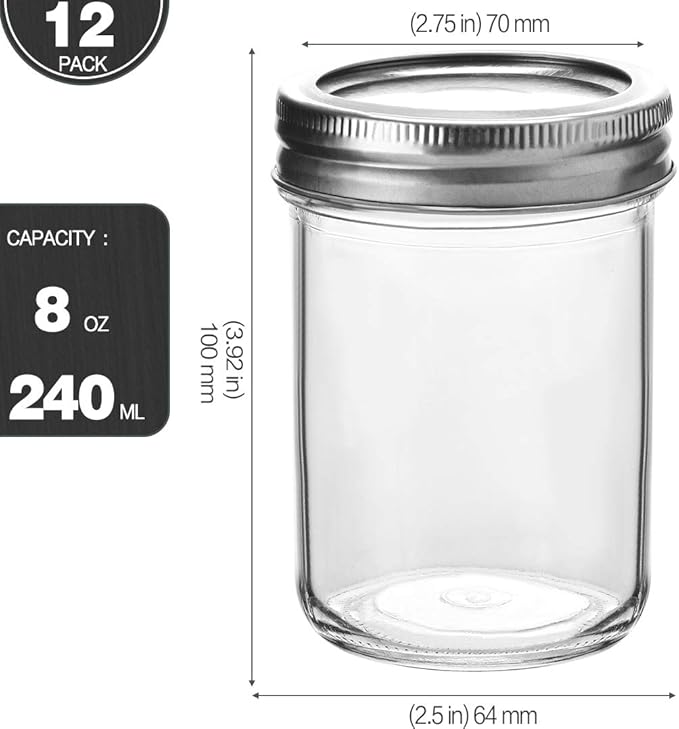 KAMOTA DIY Glass Mason Jars With Bands, 8 oz, Ideal for Jam, Spice, Honey, Wedding , Shower Favors, 12 PACK, Extra 12 Regular Lids & 20 Whiteboard Labels