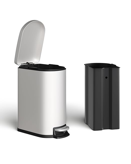 Garvee 13 gal (50 L) and 2.6 gal (10 L) Metal Trash Can Combo Set, Rustproof Garbage Can with Lid, Step-on Trash Bin with Inner Bucket, Rear Handle, White