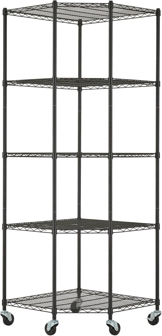 5-Tier Adjustable Wire Shelving with Wheels, Corner Wire Shelf Rack for Kitchen Organization, Garage Storage, 400 to 2000lb Capacity, NSF Certified, 27”x27 x18”x72”, Black