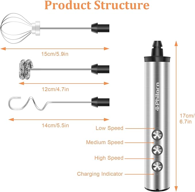 Philorn Milk Frother Rechargeable with Stand, Handheld Frother Wand for Coffee with 3 Heads 3 Speed, Powerful Hand Mixer Electric Whisk for Latte, Cappuccino, Frappe, Matcha, Hot Chocolate, Keto Diet