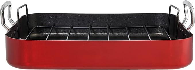 Servappetit 20 lb. Roasting Pan with Rack, Non-Stick, Hard-anodized with teflon-coating, 15 5/8 in x 12 in x 2 6/8-in, Red