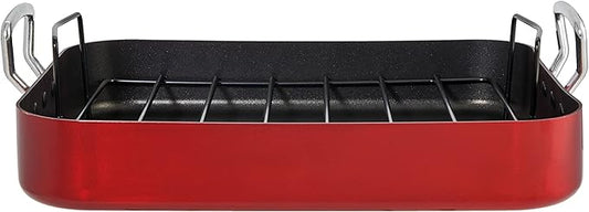 Servappetit 20 lb. Roasting Pan with Rack, Non-Stick, Hard-anodized with teflon-coating, 15 5/8 in x 12 in x 2 6/8-in, Red