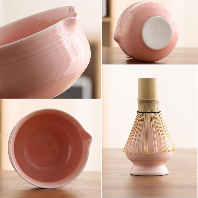 Matcha Set, Pink Ceramic Matcha Kit Includes Matcha Bowl, Matcha Whisk Holder (chasen), Bamboo Matcha Whisk, Bamboo Scoop and Scoop Stand, Japanese Tea Set for Women
