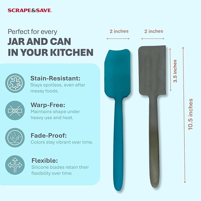 TWO Food Saving, Fast Kitchen Scrapers that Get ALL Food Out of Cans and Jars, esp. corners and bottoms. For peanut butter, mayonnaise, tomato paste, purées, etc. Dishwasher-safe. (Turquoise/Slate)