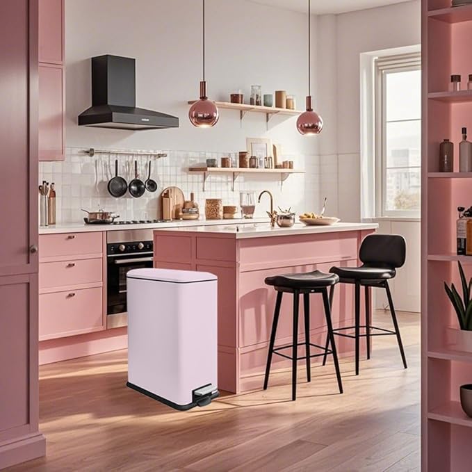 12 Gallon Slim Stainless Steel Trash Can with Soft-Close Lid & Removable Inner Bucket, Fingerprint-Proof, Odor-Controlled Pedal Garbage Can 45 Liter,Kitchen Bathroom & Office, Pink