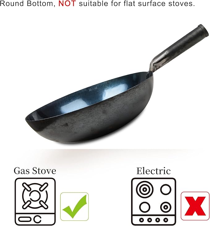 臻三环 ZhenSanHuan Chinese Hand Hammered Iron Woks and Stir Fry Pans, Non-stick, No Coating, Carbon Steel Pow (36CM, Blue Black - Seasoned)