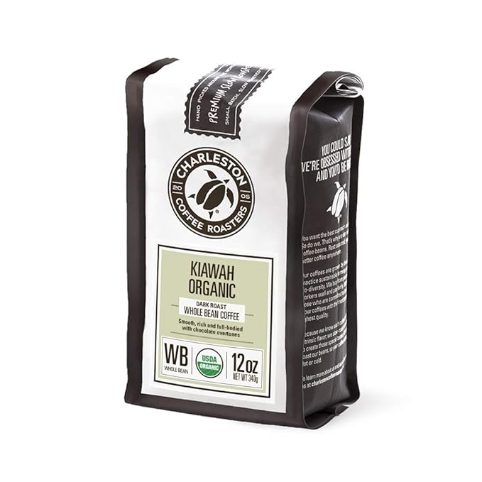 Charleston Coffee Roasters | Specialty Organic Whole Bean Coffee | Hand Picked, Premium Slow Roast | (Kiawah, Dark Roast) 12oz, 6 pack