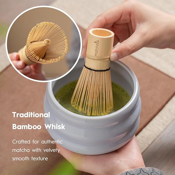Matcha Whisk Set - Ceramic Bowl, Bamboo Whisk with Holder, Storage Canister, Sifter, Schima Spoon with Rest, Tea Towel - 8 Pcs Complete Kit for Traditional Matcha and Modern Lattes (Purple)