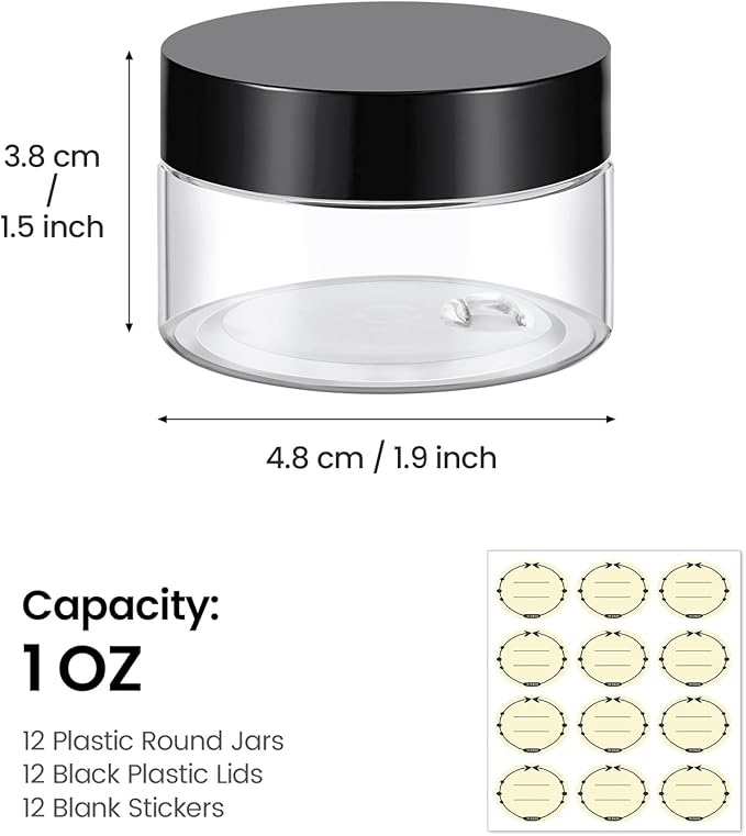 TUZAZO 1 Oz Small Plastic Container Jars with Lids and Labels BPA Free, Empty Round Clear Cosmetic Containers Plastic Slime Jars for Lotion, Cream, Ointments, Samples, Makeup, Travel Storage (12 Pack)