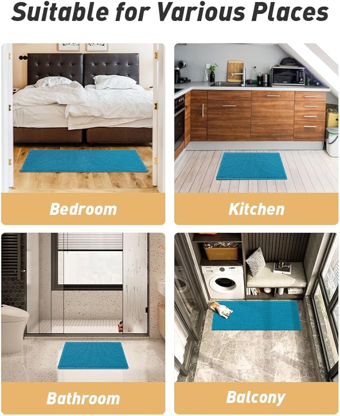 AMOAMI Upgraded Waffle Bath Mat, Super Absorbent Non Slip Bath Mats for Bathroom Floor, Machine Washable Bathroom Rugs with Tassels, Rubber Backed Bathroom Mats, Ultra Soft, 17" x 24", Teal