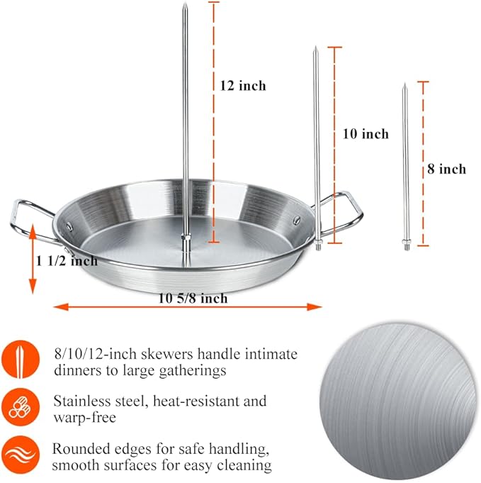BBQ Vertical Skewer Pan Stainless Steel Gyro Spit Shawarma Stand for oven, Al Pastor Skewer for Grill, El Pastor Hack for Tacos Al Pastor Chicken, Brazilian, with 8",10",12" stick