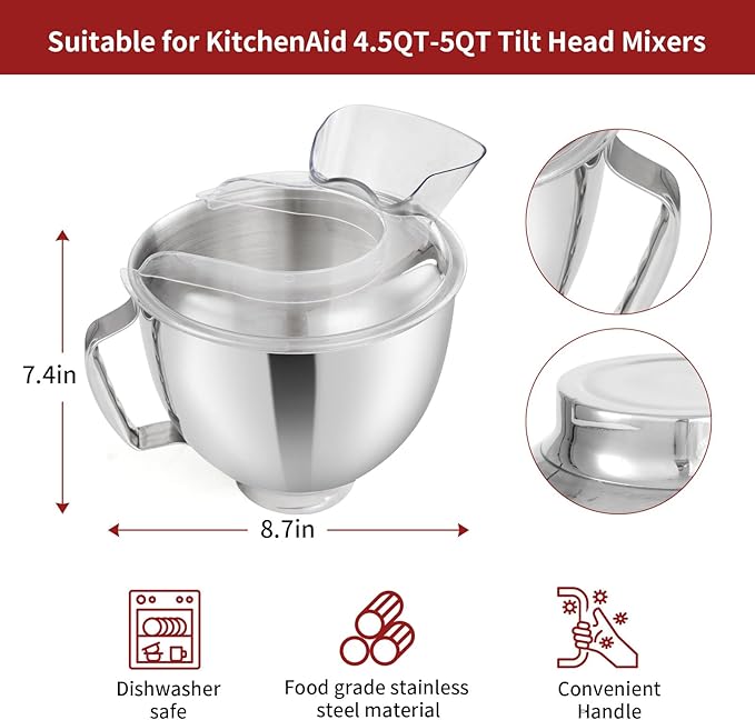 Gdrtwwh 5QT Bowl and Pouring Shield Attachment for Kitchenaid Tilt-Head Stand Mixer
