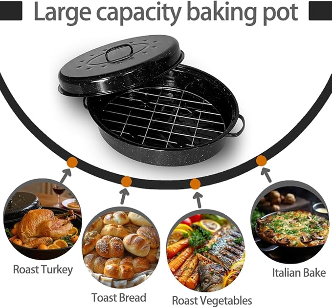 Large Roasting Pan with Lid and Rack 19"Granite Turkey Roaster Pan Set Enameled Steel Design Suitable for Turkey Versatile Cooking Barbecuing,Dishwasher Safe Cookware Holiday Gifts