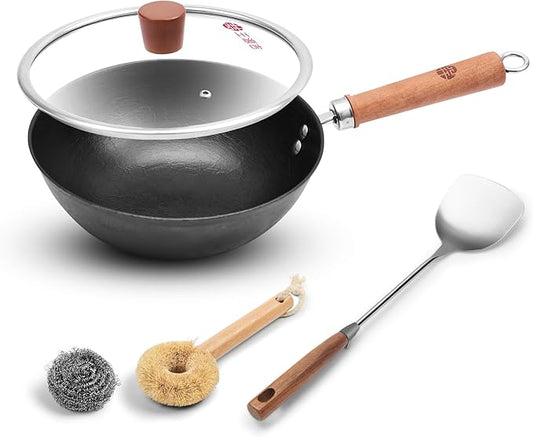 WANGYUANJI 10.2 Inch Cast Iron Wok with Lid, Flat Bottom Stir Fry wok with Wooden Handle, Non-Coated Small Skillet for Gas, Induction & Open Flame Cooking