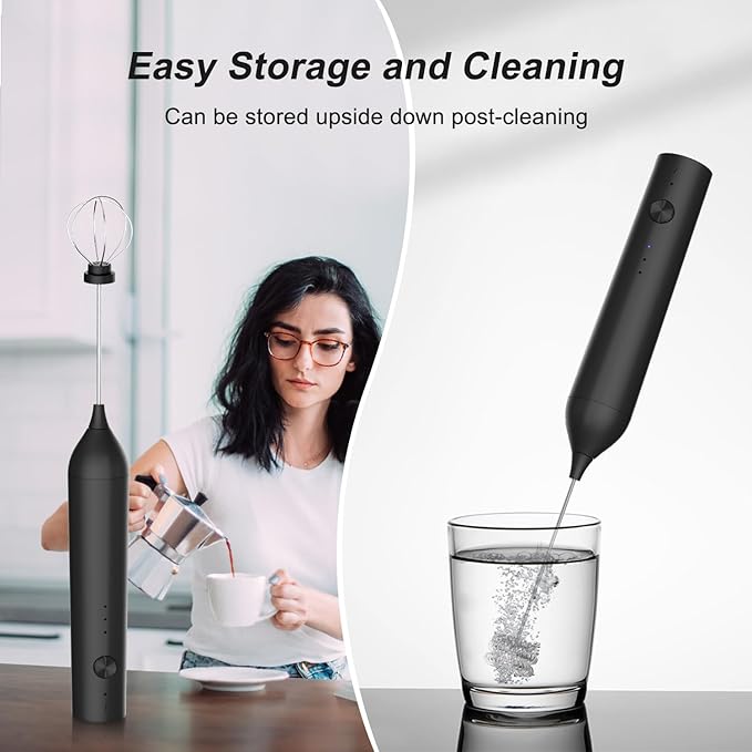 Powerful Electric Milk Frother with Wand and Egg Whisk Attachments, 3 Speed Adjustable Rechargeable Foam Maker Mixer, Milk Frother Handled for Coffee, Protein Powder (Black without Stand)