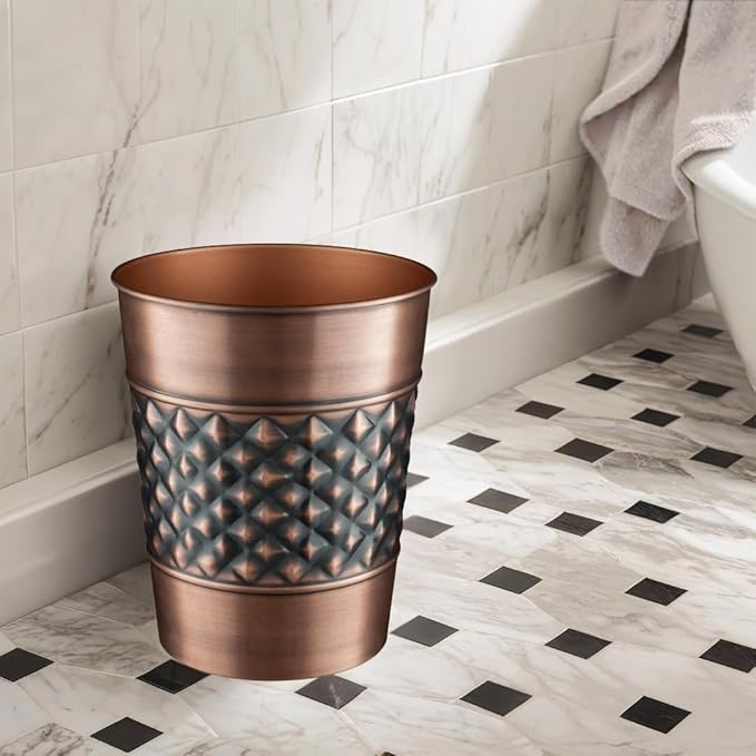 Monarch Abode Antique Copper Handcrafted Geometric Embossed Metal Wastebasket for Home, Decorative Waste Basket, Modern Bathroom Garbage Can, Durable & Decorative Trash Bin, Antique Copper Trash Can