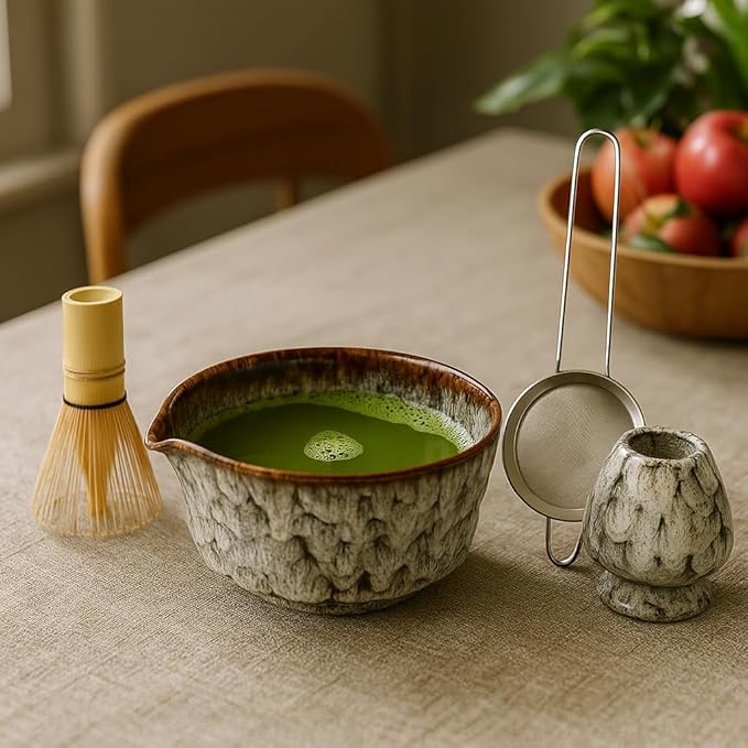 Matcha Whisk Set, 2025 New Ceramic Matcha Set Includes Matcha Bowl, Bamboo Scoop,Sifter, Whisk and Holder- 5 Pcs Kit for Matcha Lovers (Snowflake White)