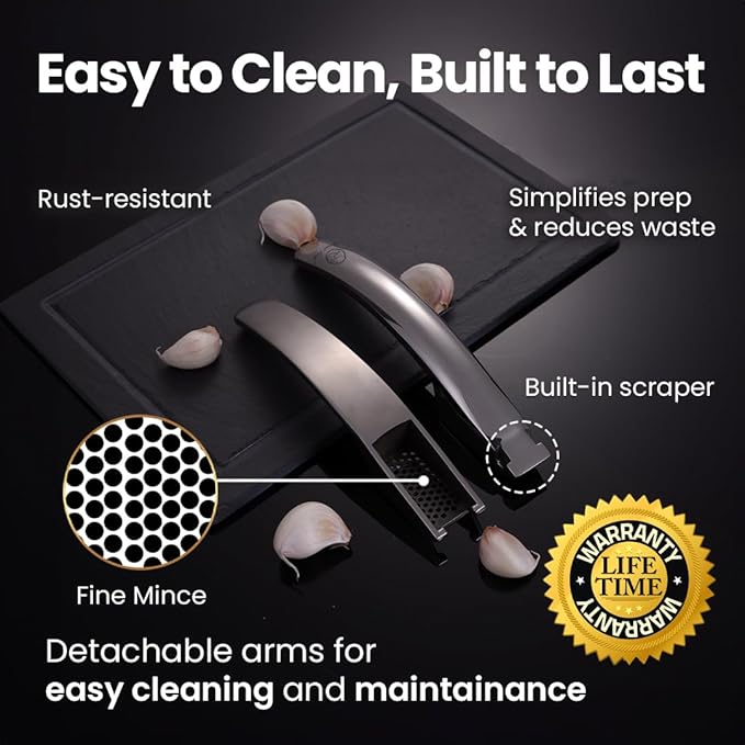No Peeling Required Garlic Press Stainless Steel with Detachable Handle for Fine Mincing - Premium Garlic Mincer Tool, Rust-Proof, Easy to Clean, Dishwasher Safe Garlic Crusher with 5-Year Warranty