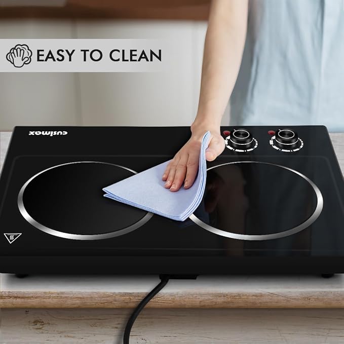 Double Burner, CUSIMAX Hot Plates for Cooking, 1800 Watts Electric Ceramic Infrared Cooktop, Portable Countertop Burner, Glass Plate, Heat-Up in Seconds, Stainless Steel Upgraded Version