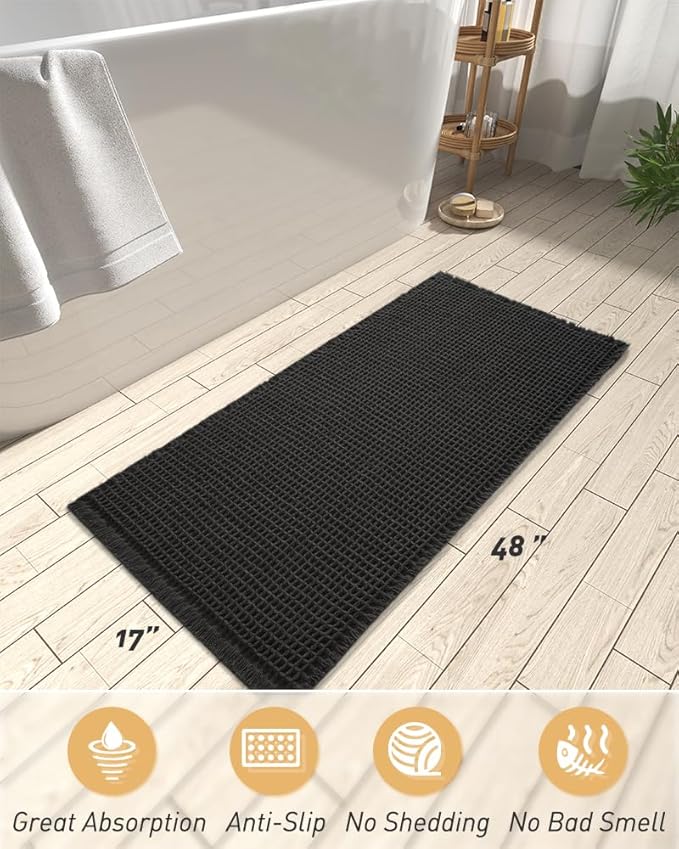 AMOAMI Upgraded Waffle Runner Rug Super Absorbent Non Slip Bath Mats for Bathroom Machine Washable Bathroom Runner Rug with Tassels, Ideal for Hallway Bedroom Laundry Room, 17" x 48", Black