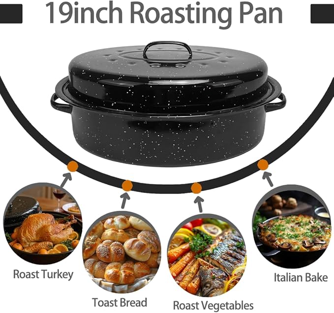 19” Turkey Roasting Pan Enamel Oval Granite Large Roaster Pan with lid with 17in Inner Diameter Large Capacity Suitable for Thanksgiving Day Enamel Cook Ware Dishwasher Compatibility Oven